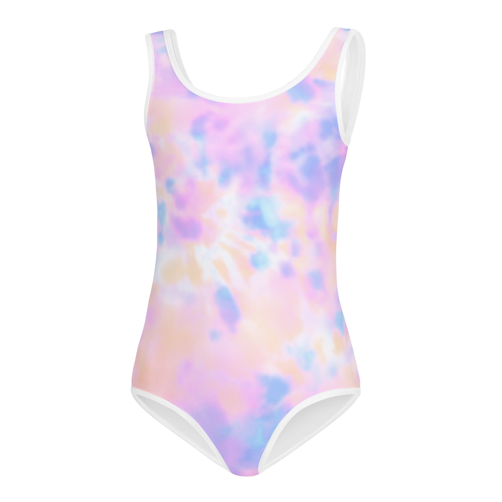 Girls pastel watercolor buttery soft leotard one-piece swimsuit in pastel tie-dye with white trim for dance and gymnastics