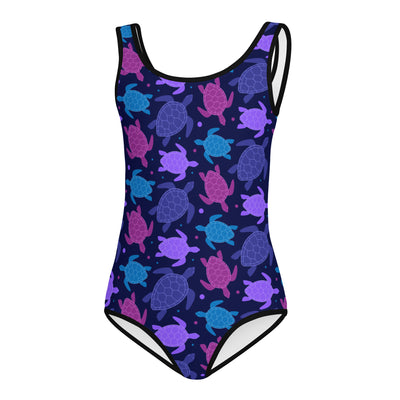 A navy blue girls one-piece quick-drying leotard with vibrant purple, pink, and teal sea turtle patterns for dance and gymnastics