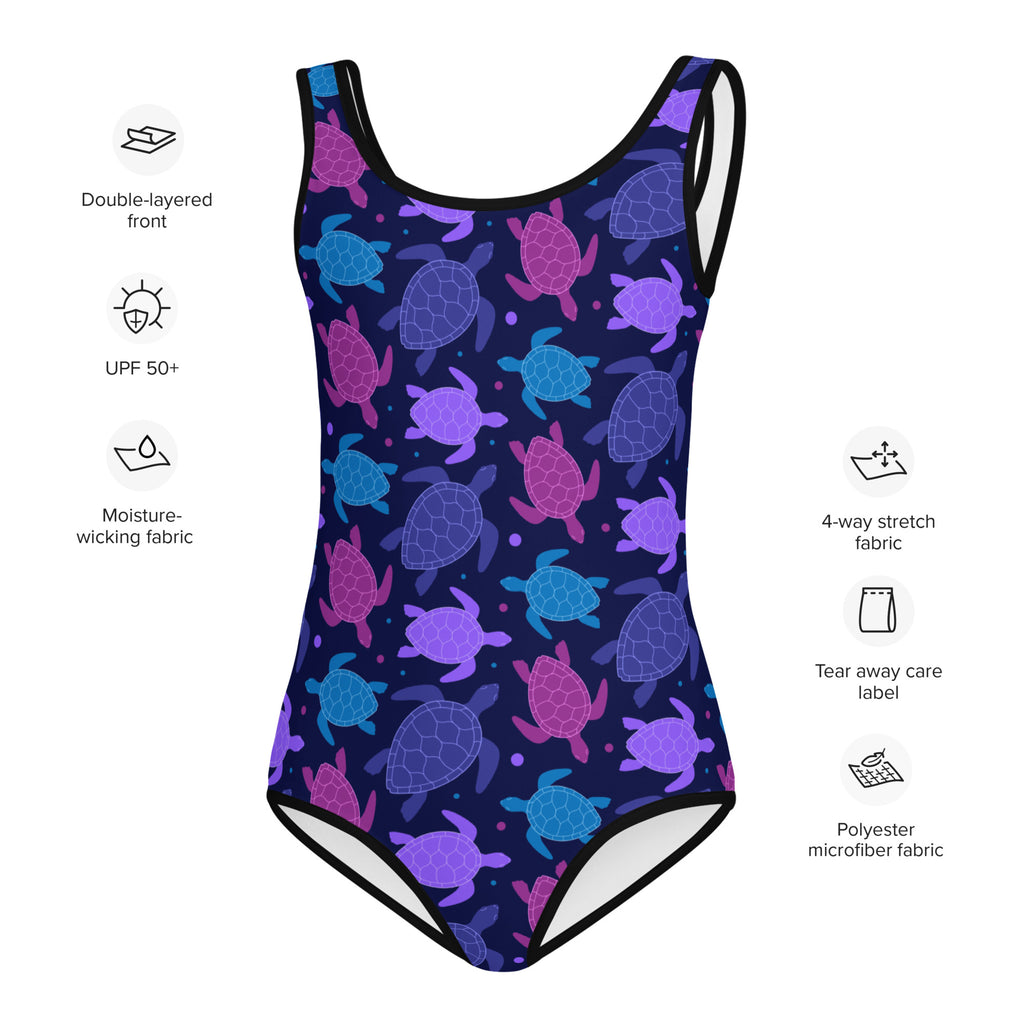 Girls purple sea turtle buttery soft navy blue leotard with vibrant pattern for quick drying dance and gymnastics