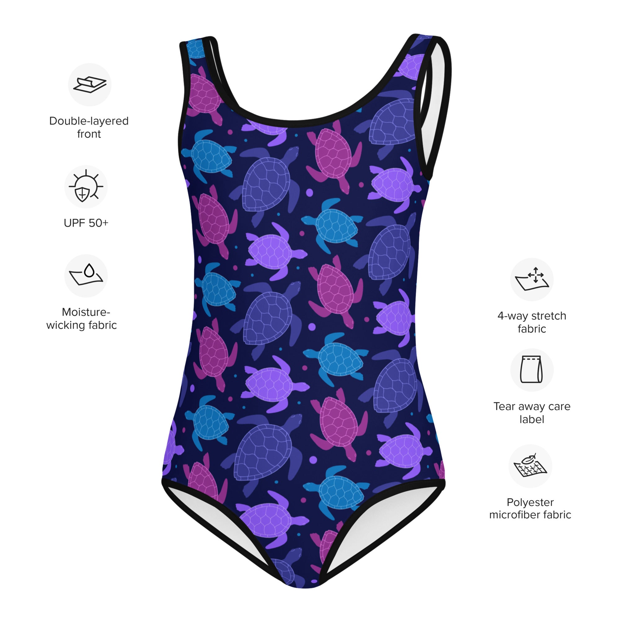 Girls purple sea turtle buttery soft navy blue leotard with vibrant pattern for quick drying dance and gymnastics