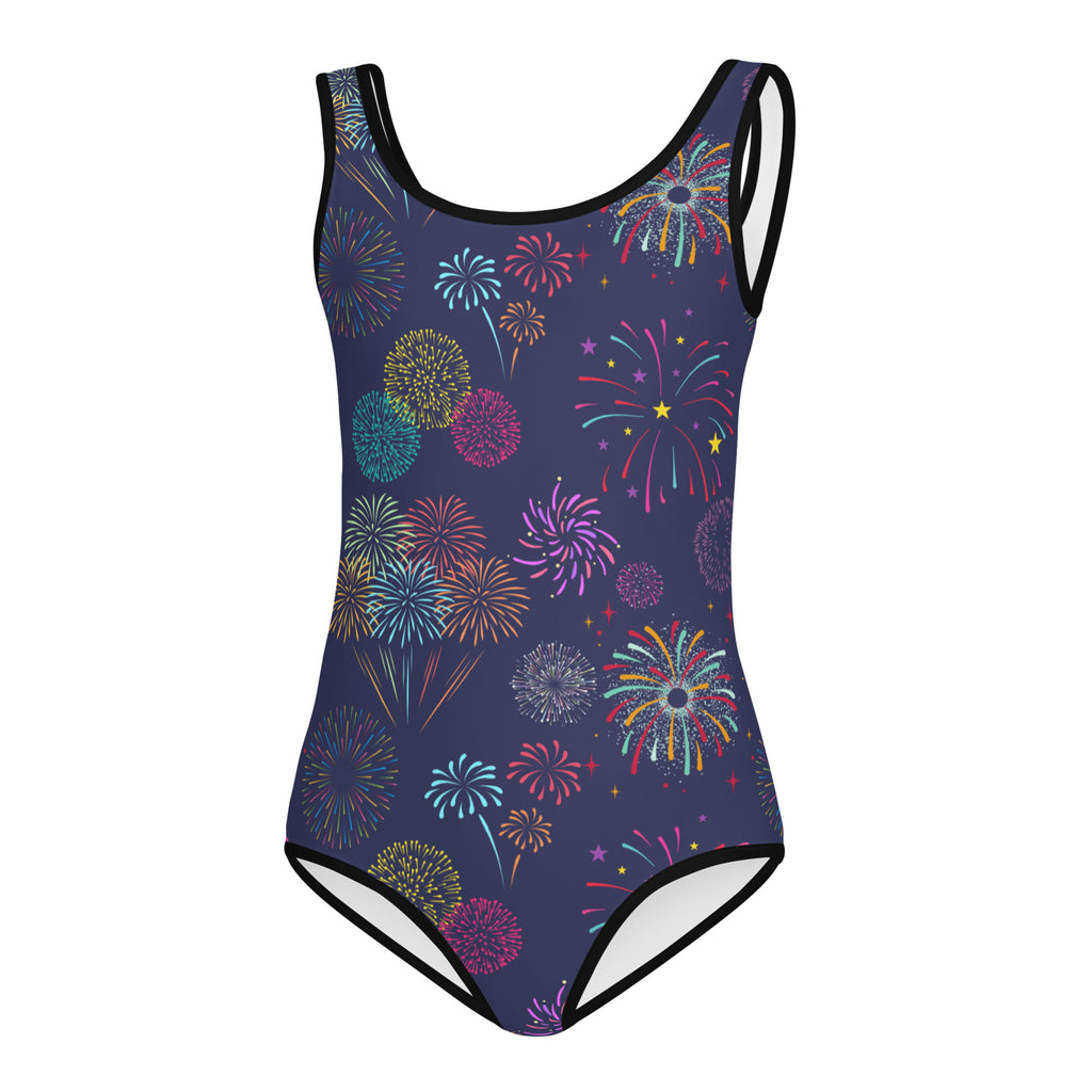Navy blue girls fireworks celebration buttery soft leotard with vibrant multicolored pattern and black trim for dance and gymnastics