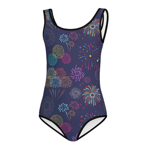 Navy blue girls fireworks celebration buttery soft leotard with vibrant multicolored pattern and black trim for dance and gymnastics