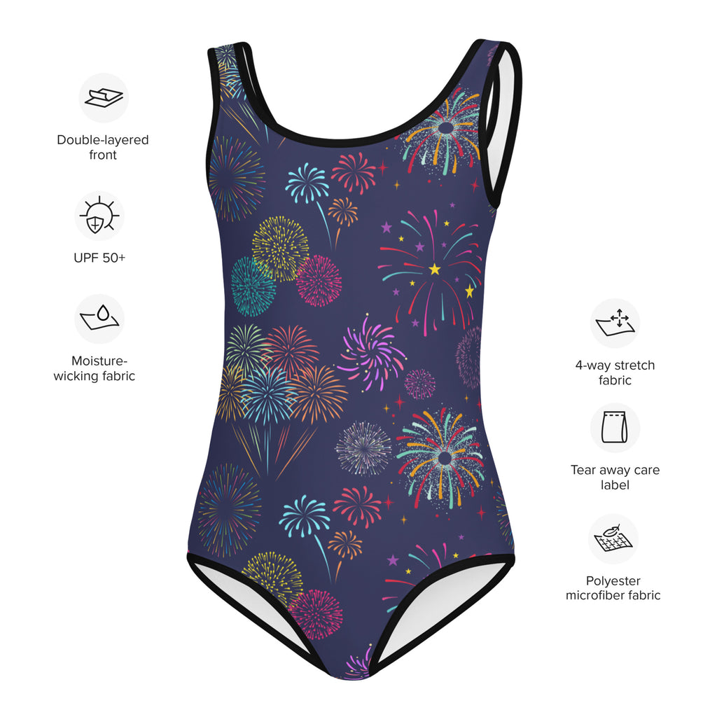 A navy blue girls fireworks celebration buttery soft leotard with multicolored fireworks pattern and black trim for dance and gymnastics