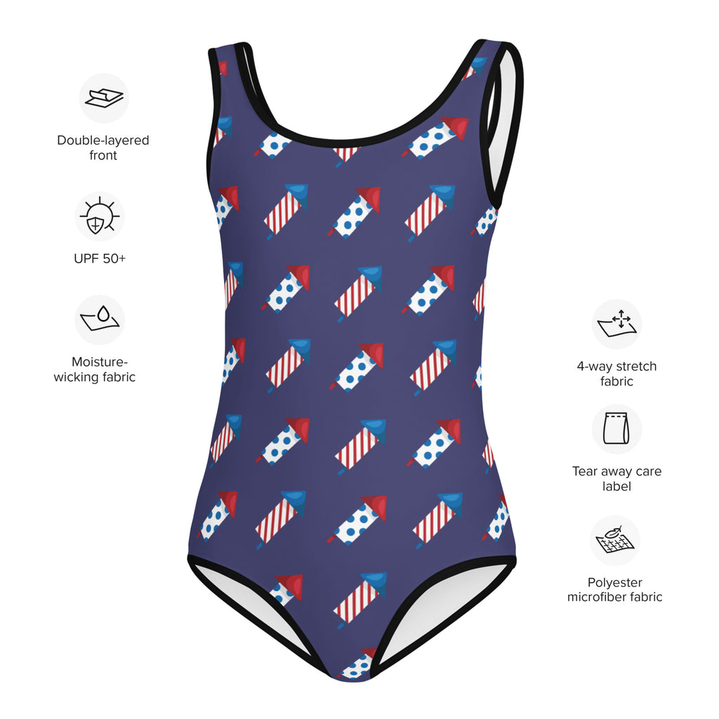 Girls patriotic firework rockets buttery soft navy blue one-piece swimsuit with black trim quick drying for dance and gymnastics