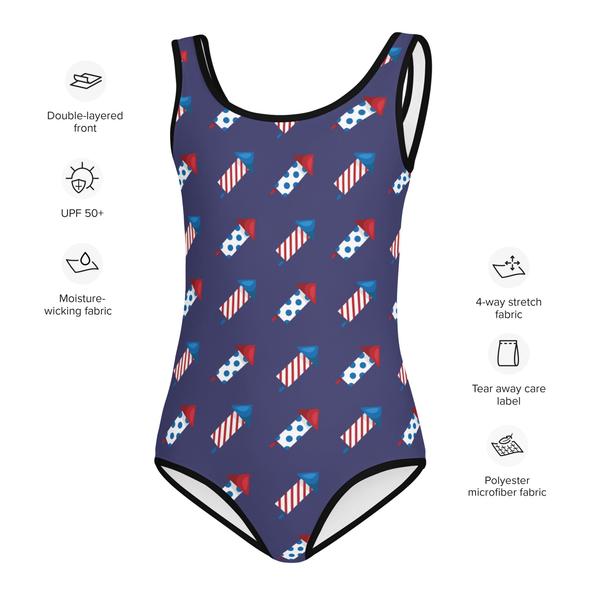 Girls patriotic firework rockets buttery soft navy blue one-piece swimsuit with black trim quick drying for dance and gymnastics