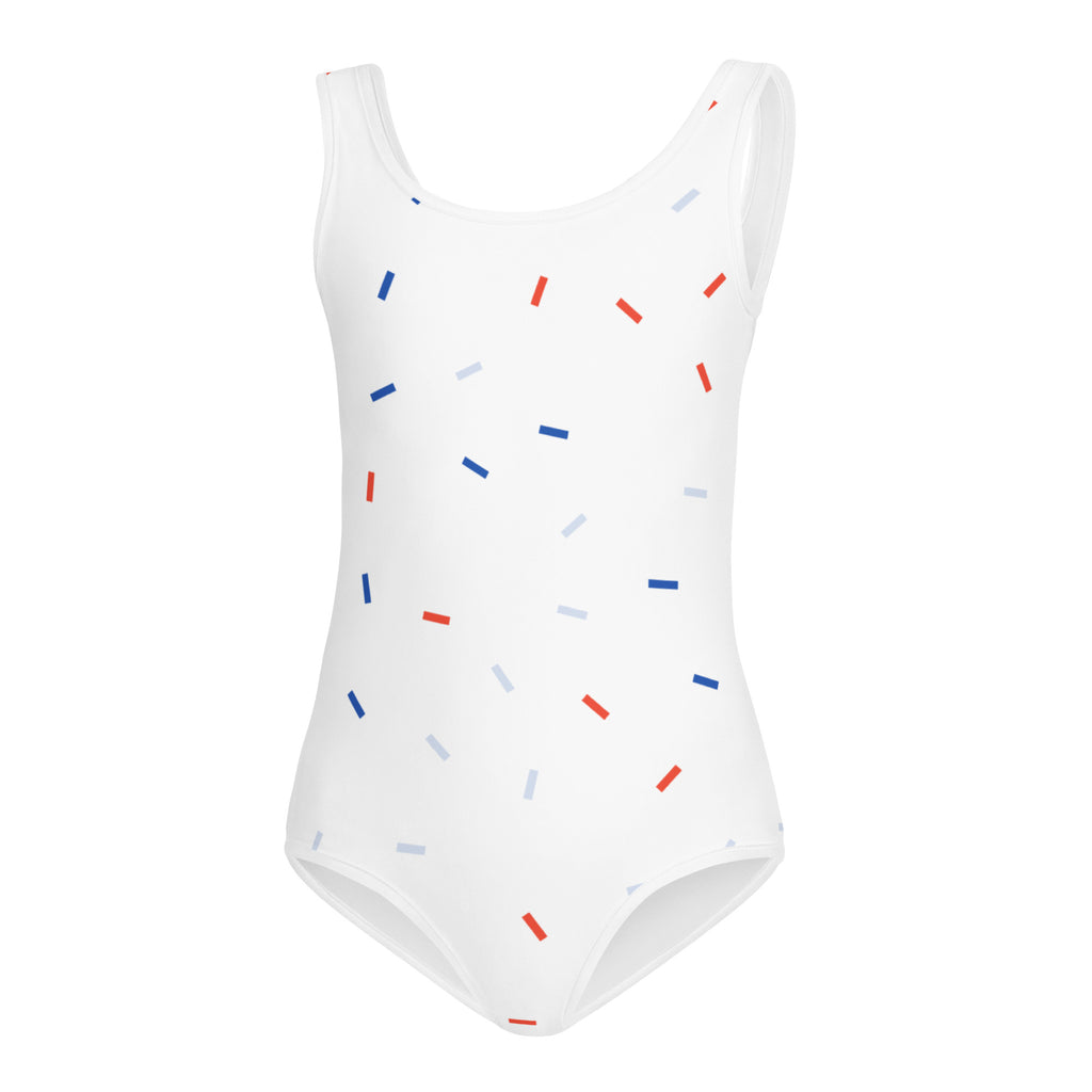 Girls red white and blue confetti usa buttery soft white one-piece swimsuit with playful red blue and gray stripes for dance and gymnastics
