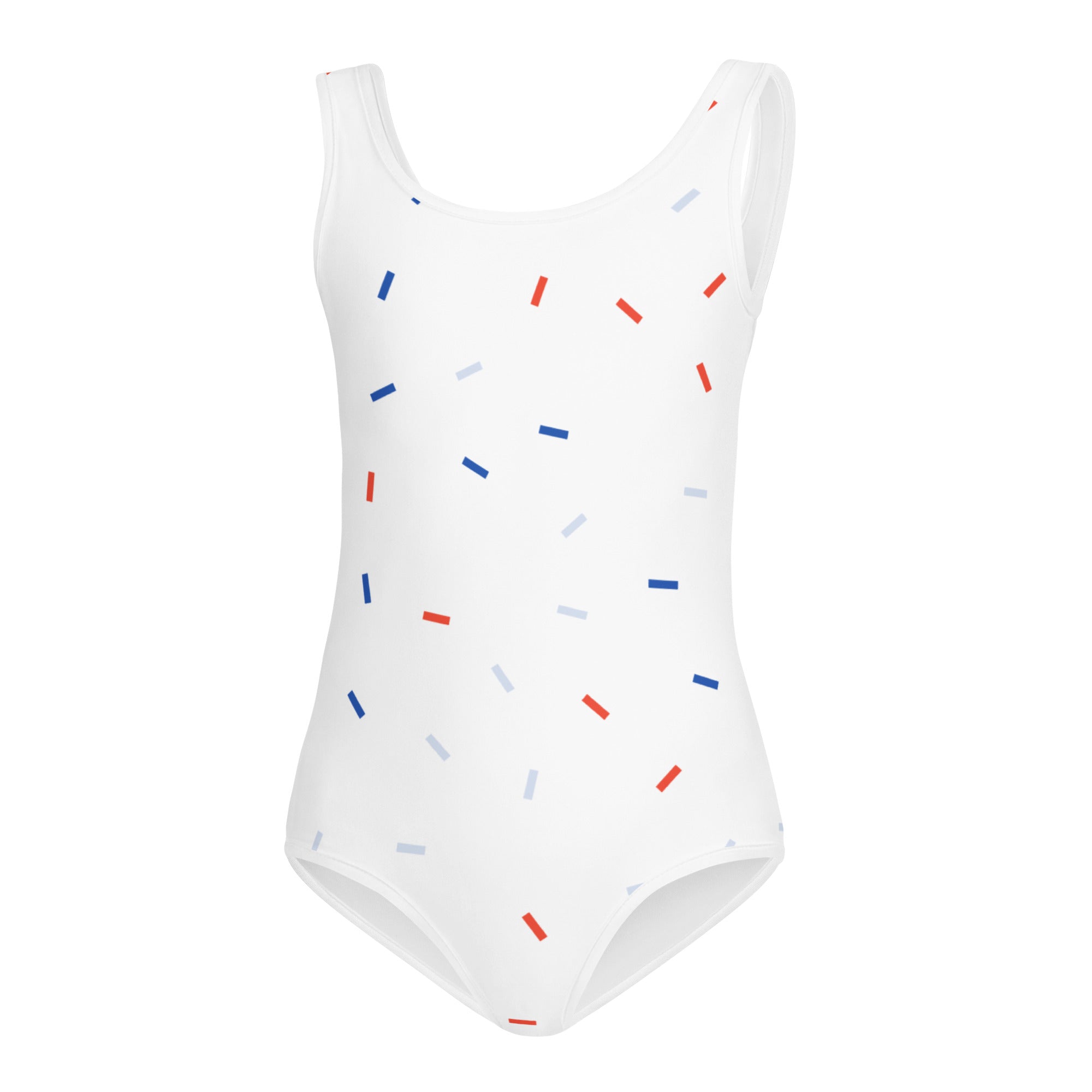 Girls red white and blue confetti usa buttery soft white one-piece swimsuit with playful red blue and gray stripes for dance and gymnastics