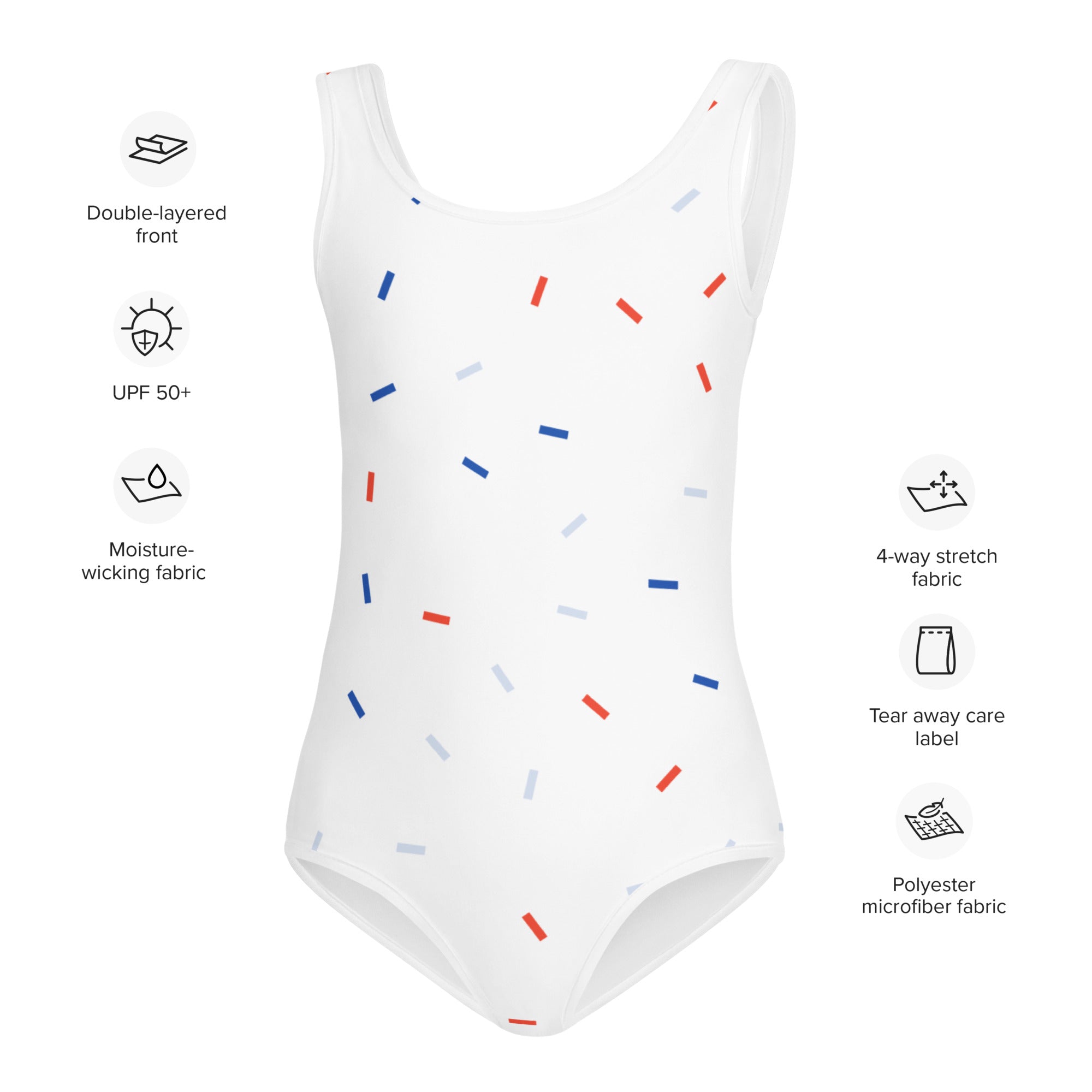 White one-piece swimsuit with scattered red blue and gray stripes buttery soft quick drying for dance and gymnastics