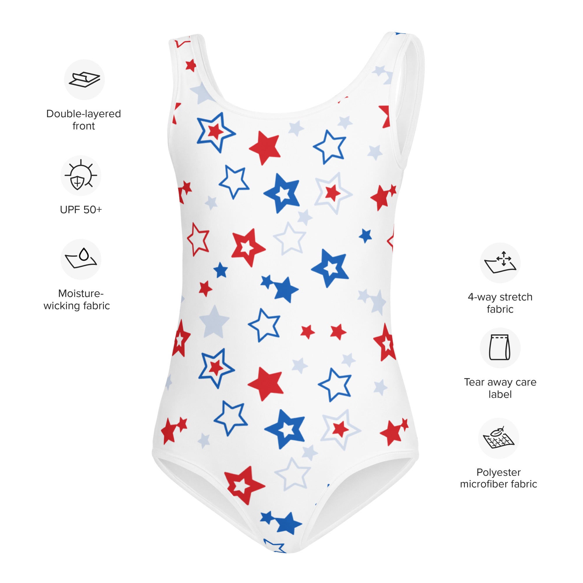 Girls red white and blue stars usa buttery soft white one-piece swimsuit with quick drying fabric for dance and gymnastics