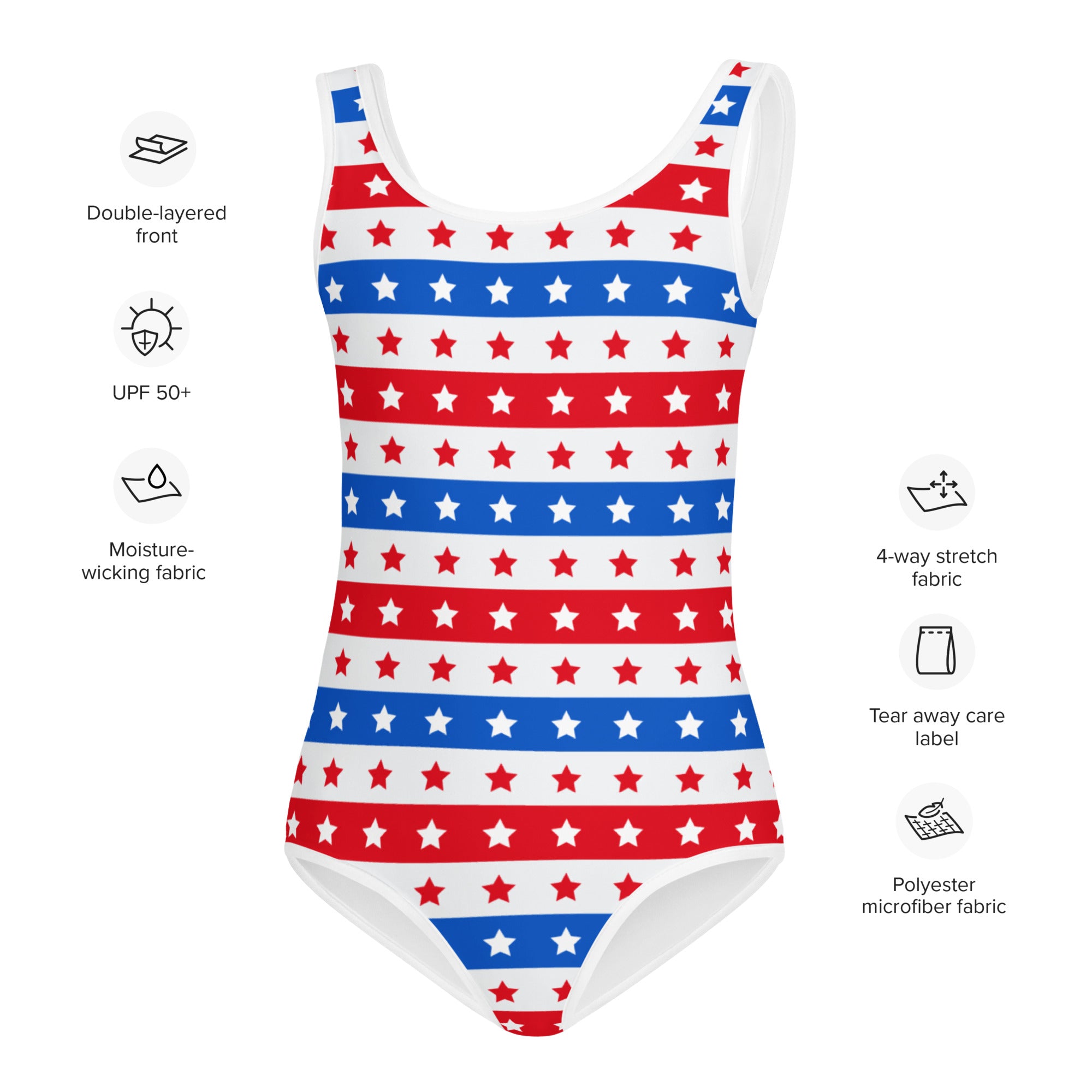 Girls Red White and Blue Star Stripes Buttery Soft Leotard - Quick Drying For Dance and Gymnastics