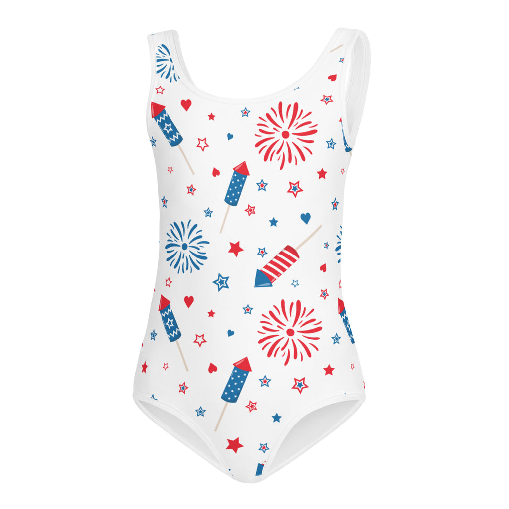 White girls patriotic fireworks and rockets buttery soft leotard with red blue festive pattern for dance and gymnastics