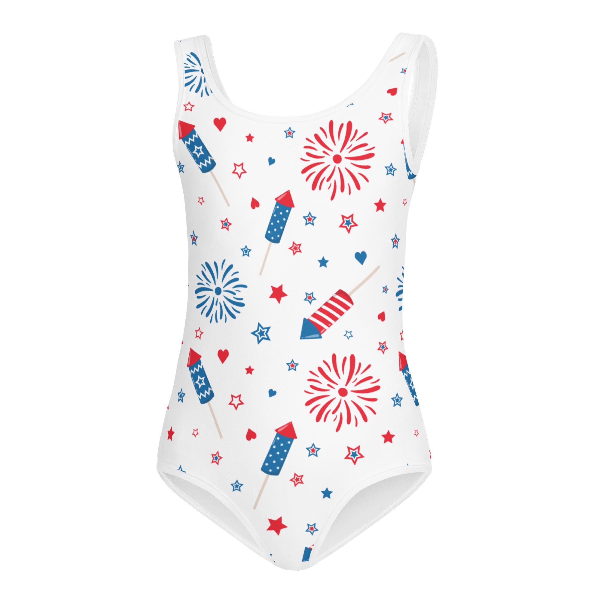 White girls patriotic fireworks and rockets buttery soft leotard with red blue festive pattern for dance and gymnastics