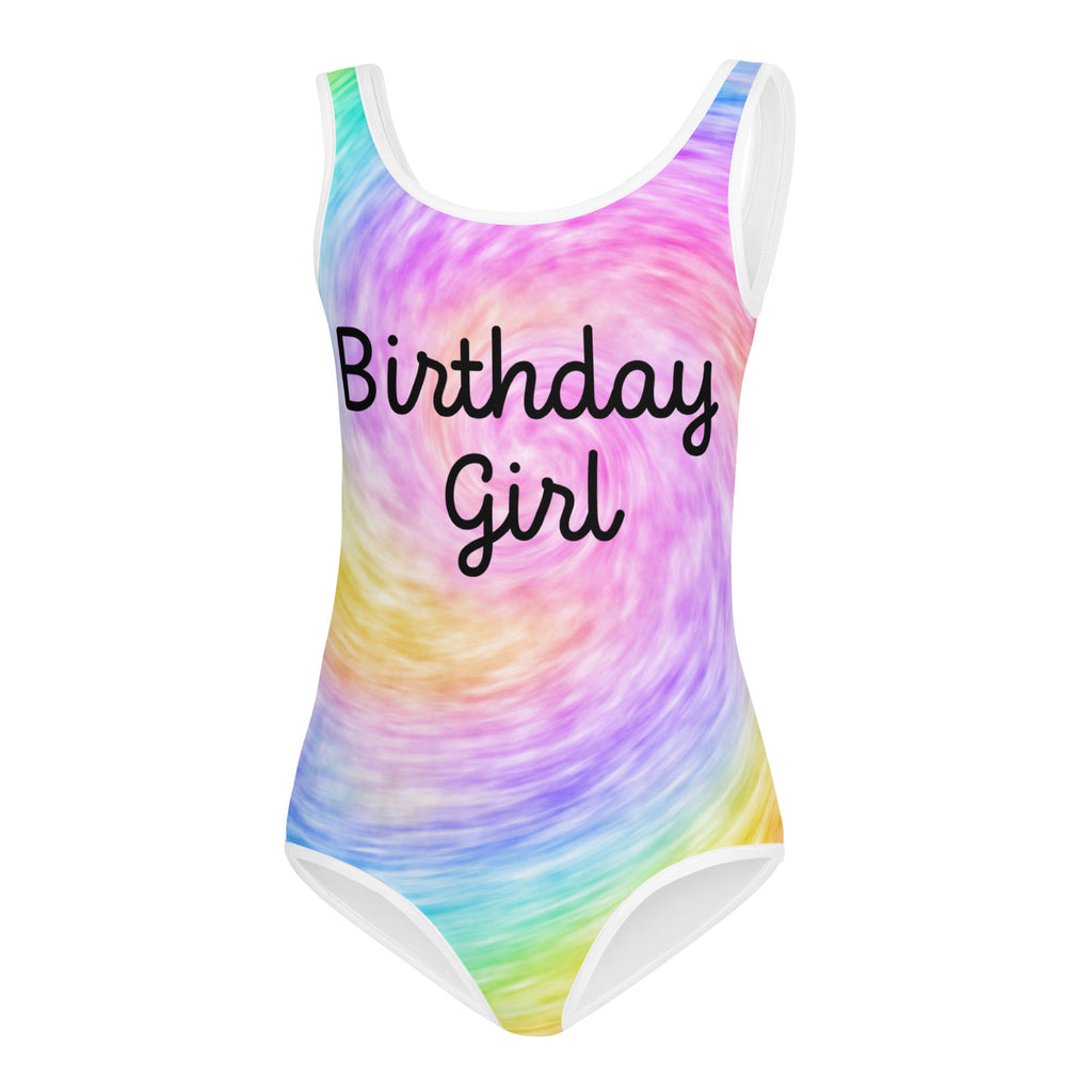 A vibrant rainbow tie-dye girls birthday girl buttery soft one-piece swimsuit for dance and gymnastics