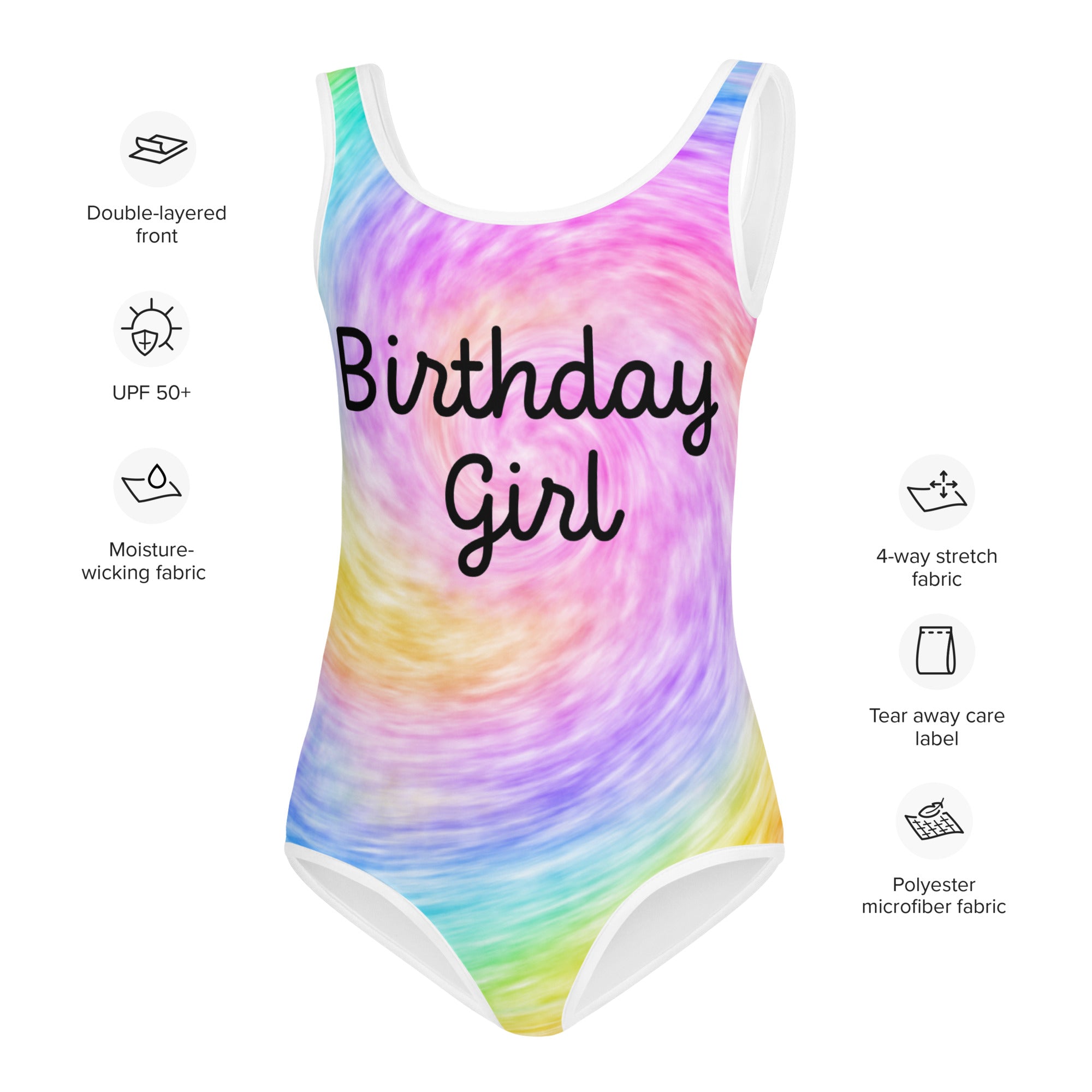A vibrant rainbow swirl girls birthday girl tie dye one-piece swimsuit in buttery soft quick drying fabric for dance and gymnastics