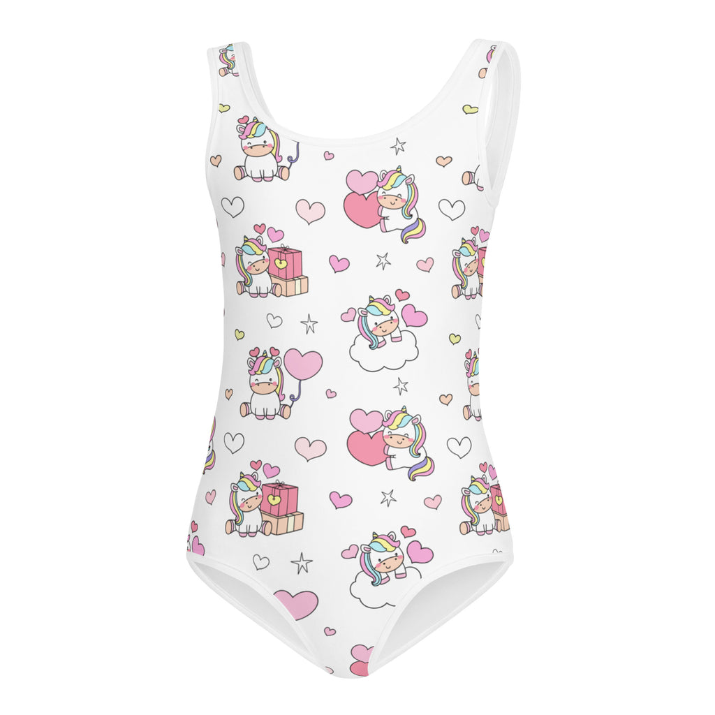 White girls unicorn birthday buttery soft leotard with cartoon unicorns hearts and stars pattern for dance and gymnastics