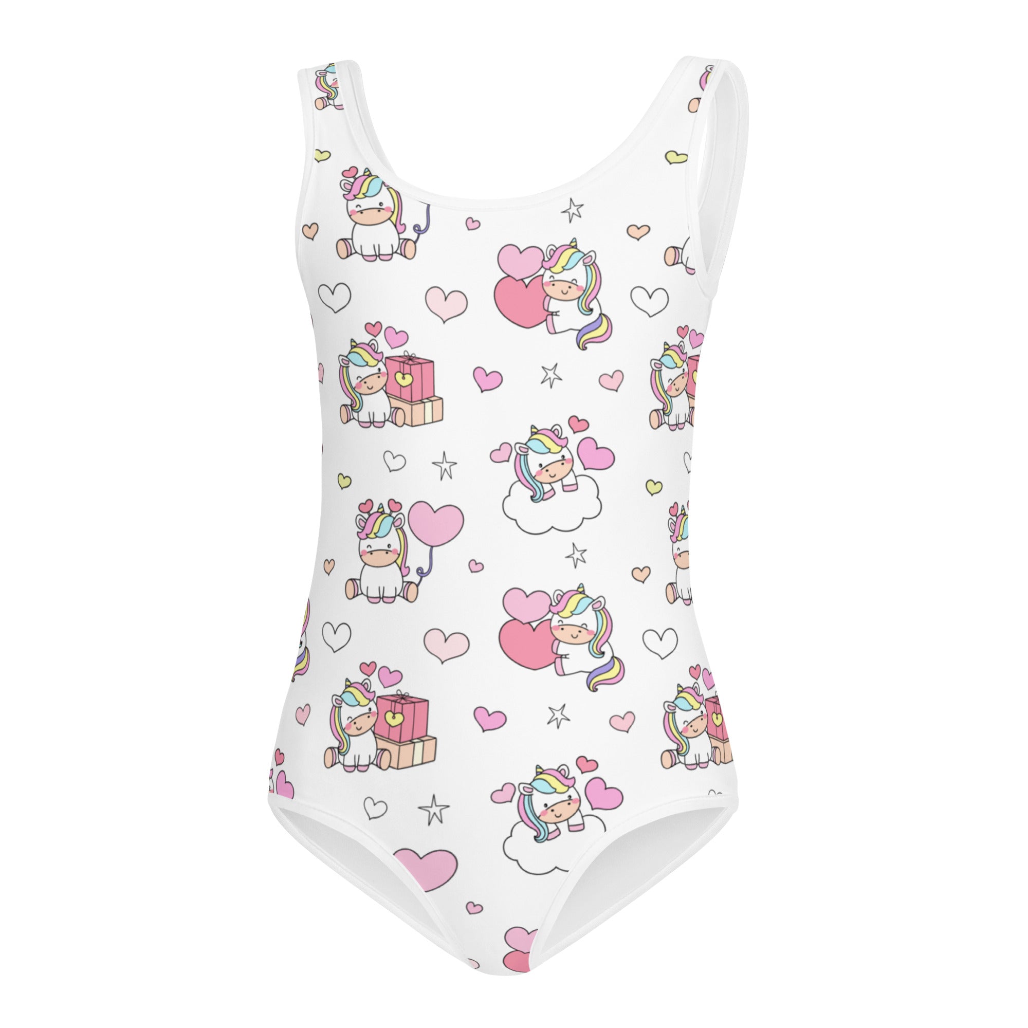 White girls unicorn birthday buttery soft leotard with cartoon unicorns hearts and stars pattern for dance and gymnastics