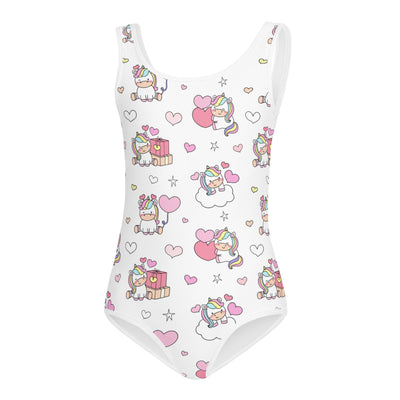 White girls unicorn birthday buttery soft leotard with cartoon unicorns hearts and stars pattern for dance and gymnastics