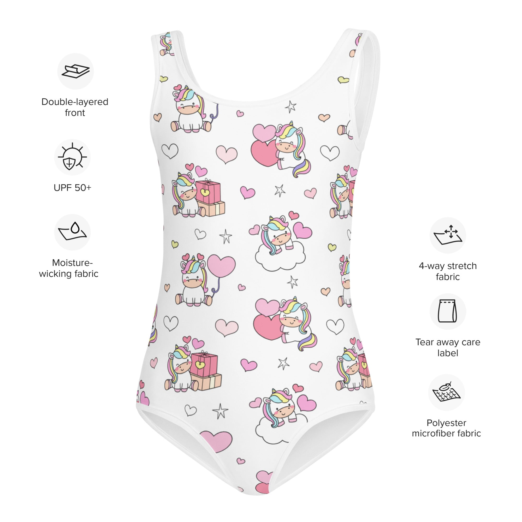 Girls unicorn birthday buttery soft white one-piece swimsuit with pastel unicorn and heart pattern for dance and gymnastics