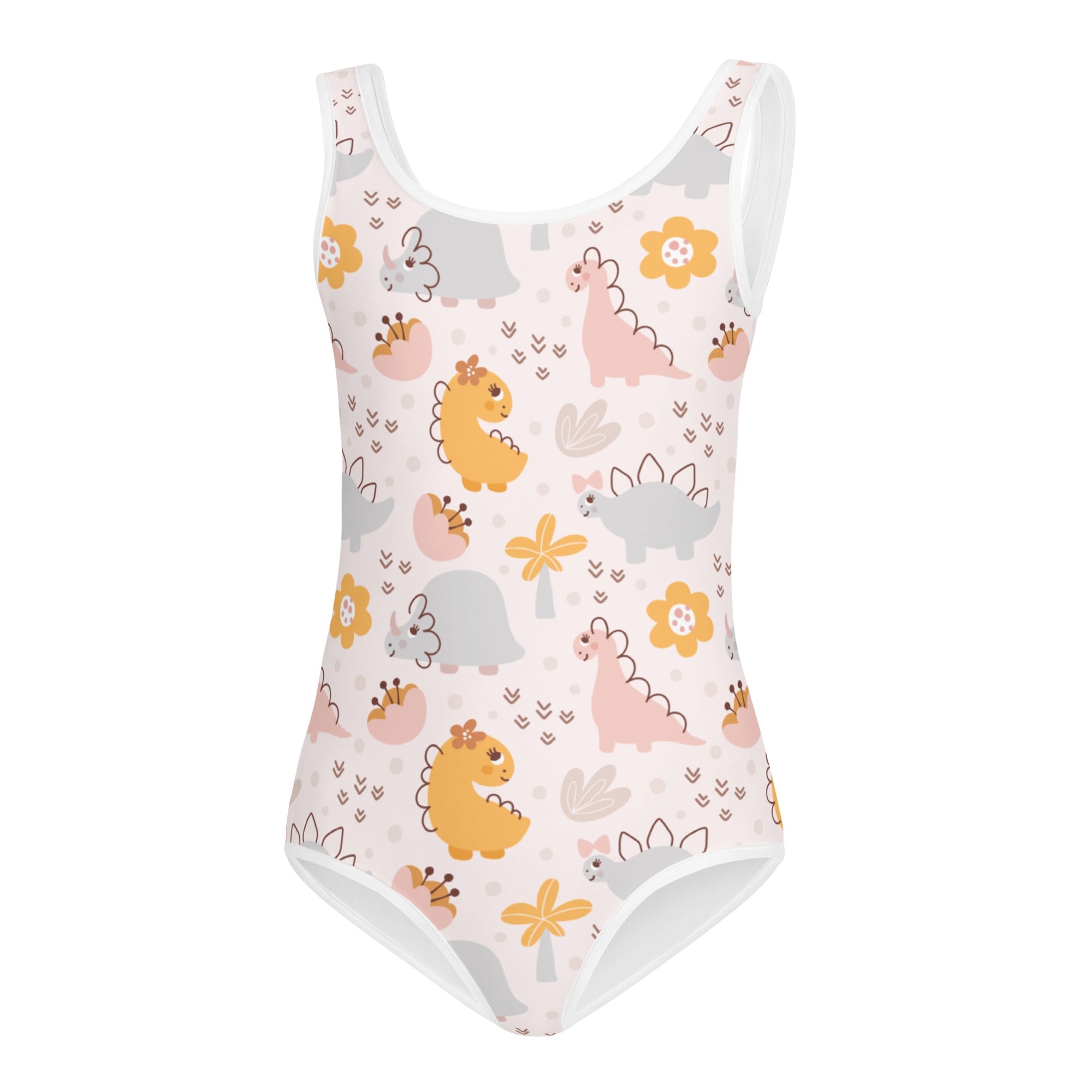 Girls pastel floral dinosaur buttery soft leotard in pink yellow and gray quick drying for dance and gymnastics