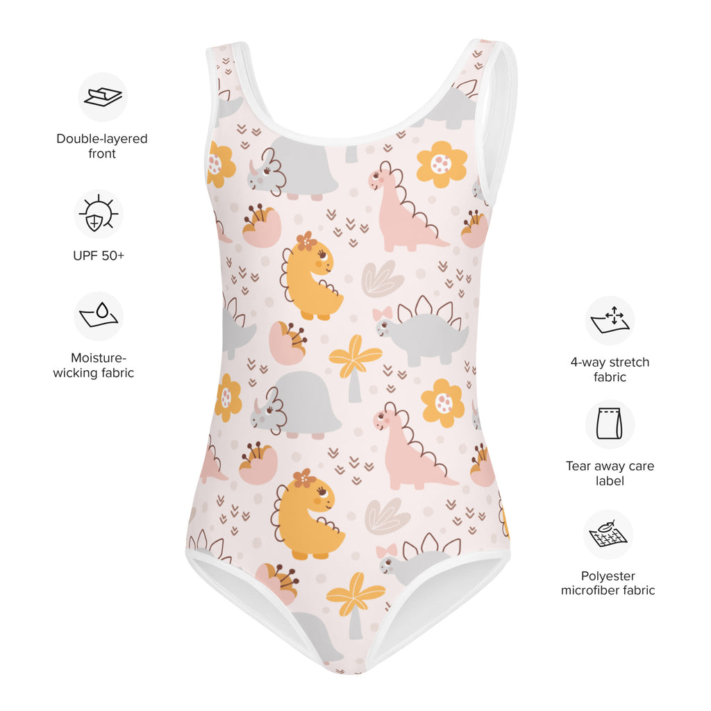 A white one-piece leotard with pastel dinosaur and flower patterns made of buttery soft quick drying fabric for gymnastics
