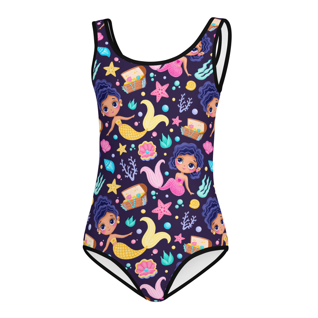 Girls magical mermaid treasure navy blue one-piece swimsuit with cartoon prints quick drying for dance and gymnastics