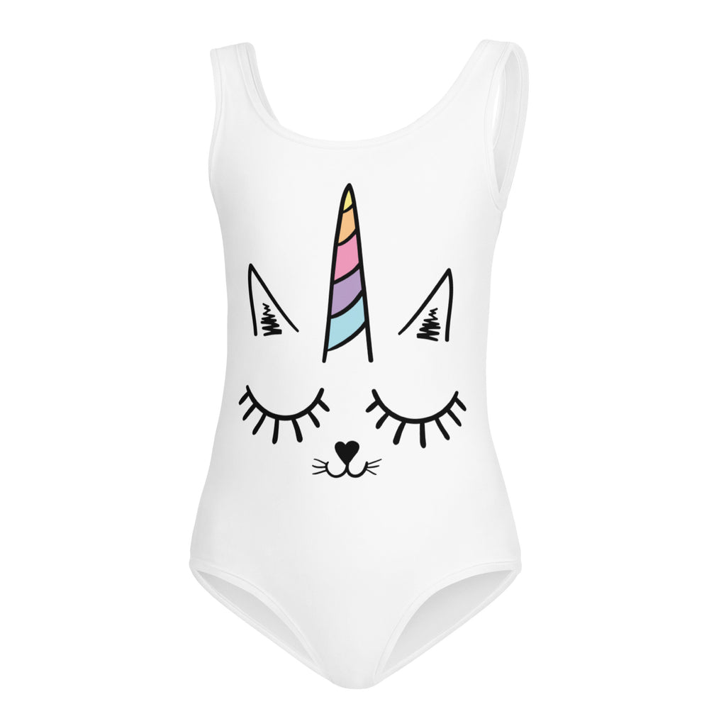 White girls caticorn buttery soft leotard with playful unicorn face and rainbow horn for dance and gymnastics