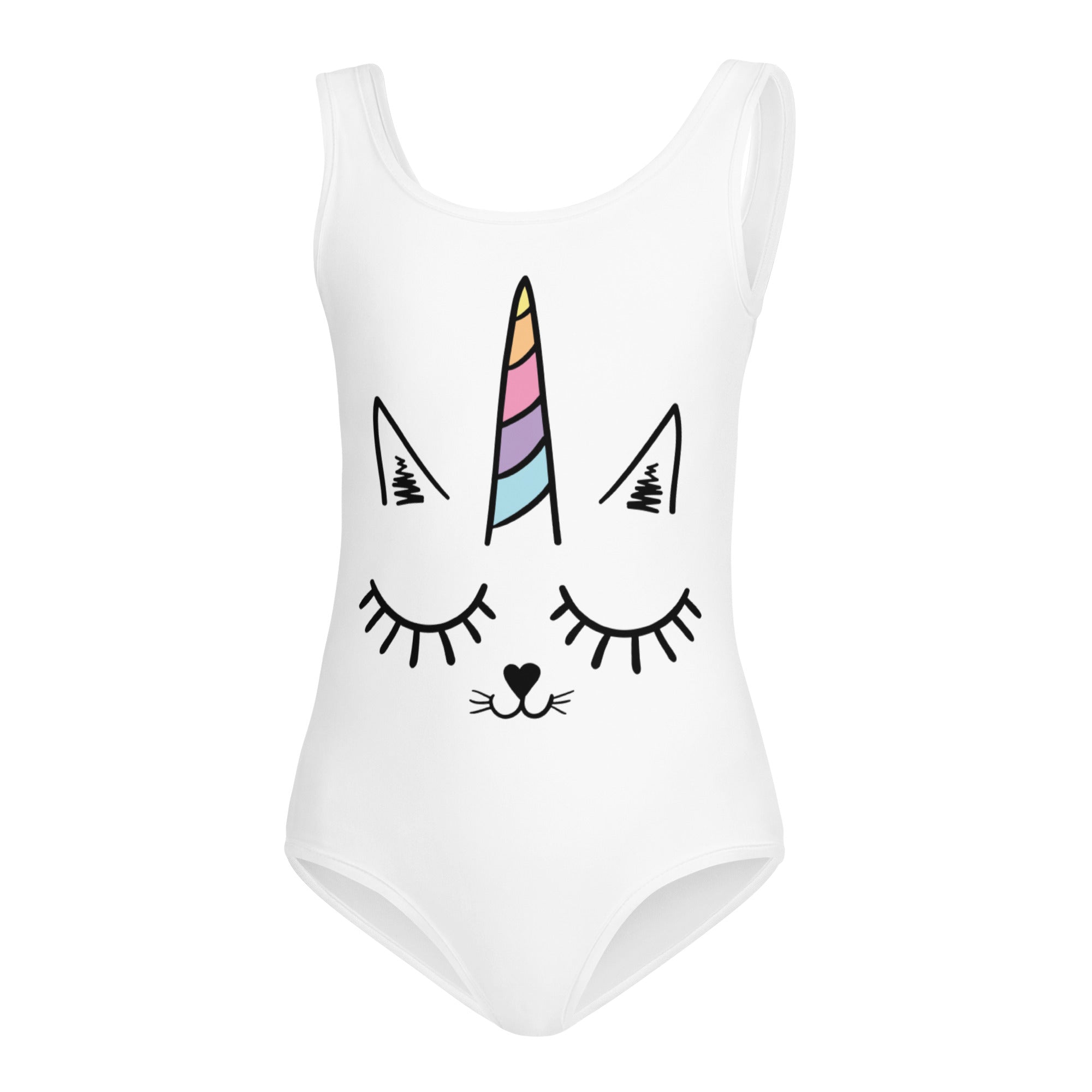 White girls caticorn buttery soft leotard with playful unicorn face and rainbow horn for dance and gymnastics