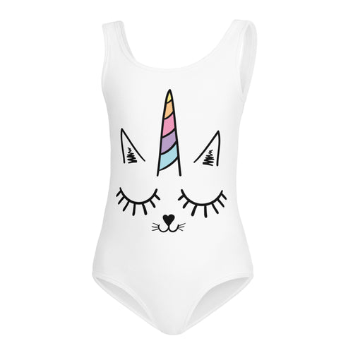 White girls caticorn buttery soft leotard with playful unicorn face and rainbow horn for dance and gymnastics