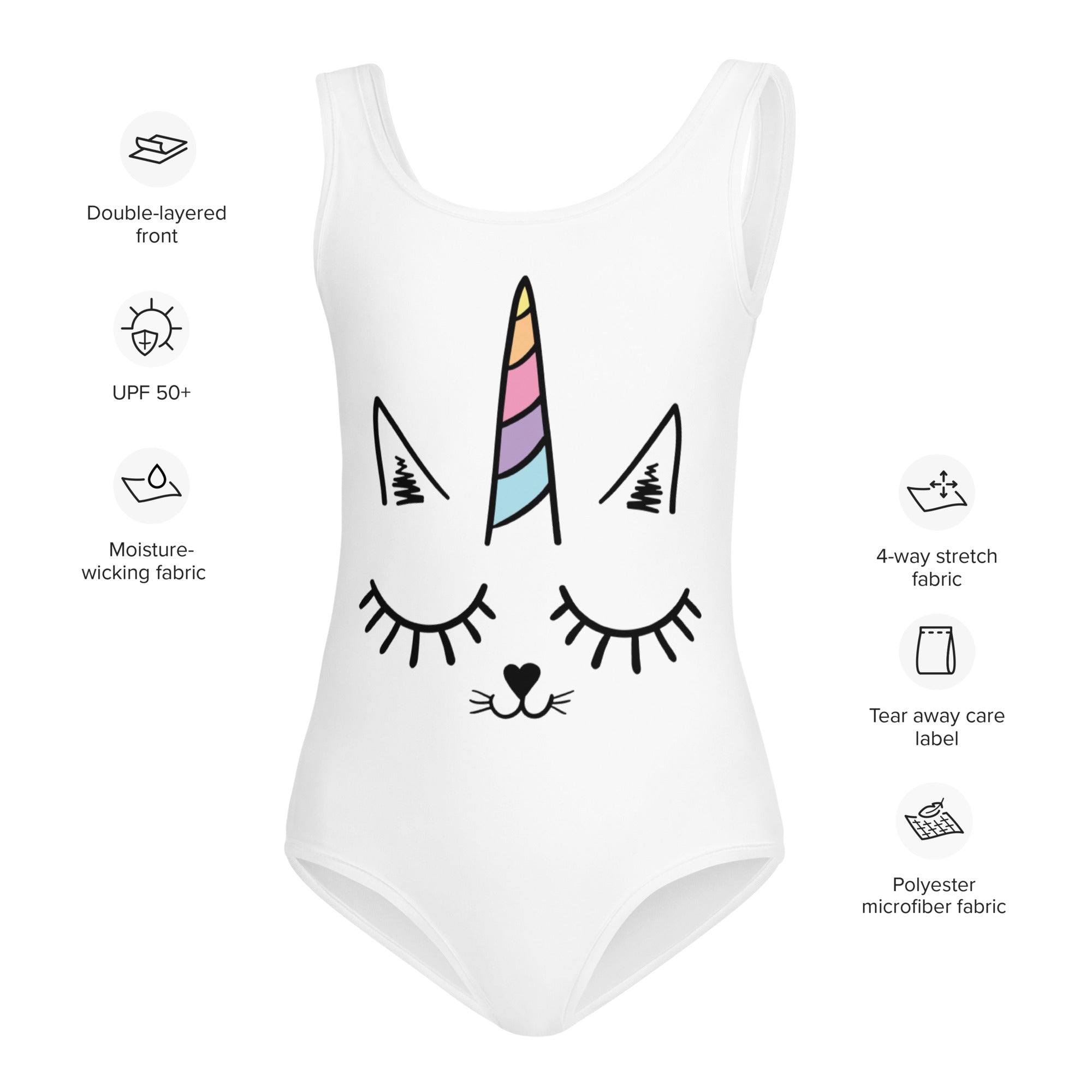 Girls caticorn buttery soft white one-piece swimsuit with playful unicorn face design for dance and gymnastics
