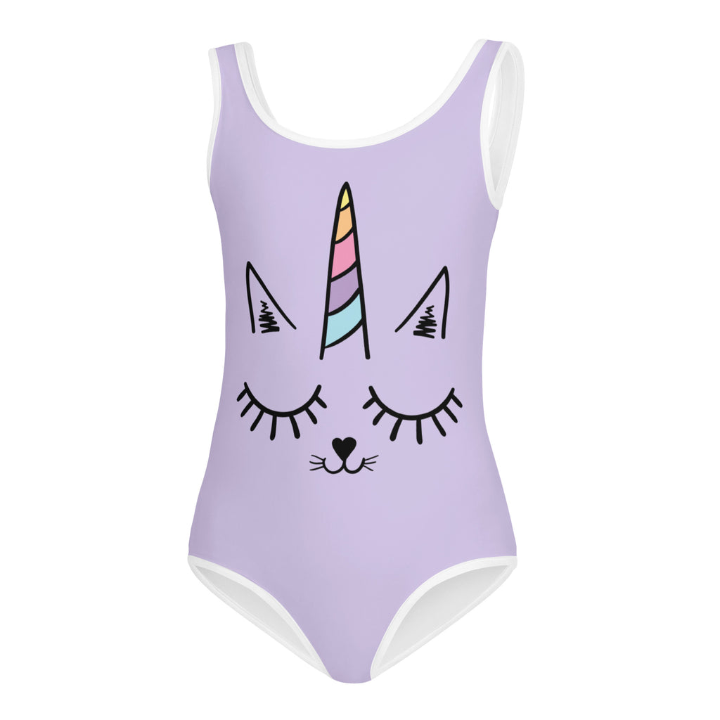 Lavender girls caticorn buttery soft one-piece swimsuit with white trim and unicorn cat face for dance and gymnastics
