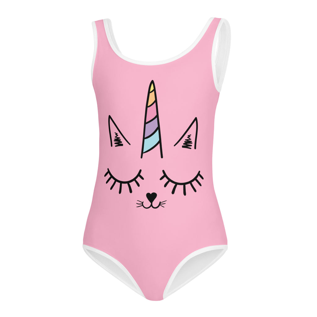 Pink girls caticorn buttery soft leotard with white trim and unicorn cat face for dance and gymnastics