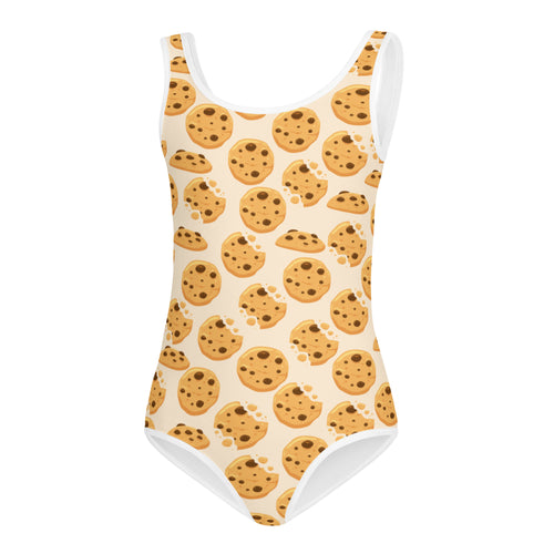 Beige one-piece leotard with playful chocolate chip cookie print and white trim quick drying for dance and gymnastics