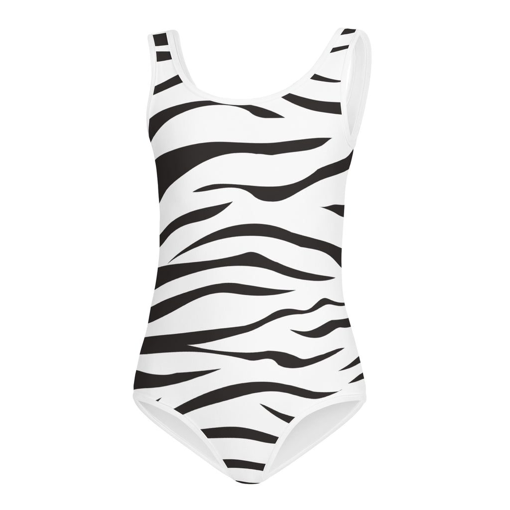 A sleek white girls leotard with bold black zebra stripes made of buttery soft quick-drying fabric for dance and gymnastics