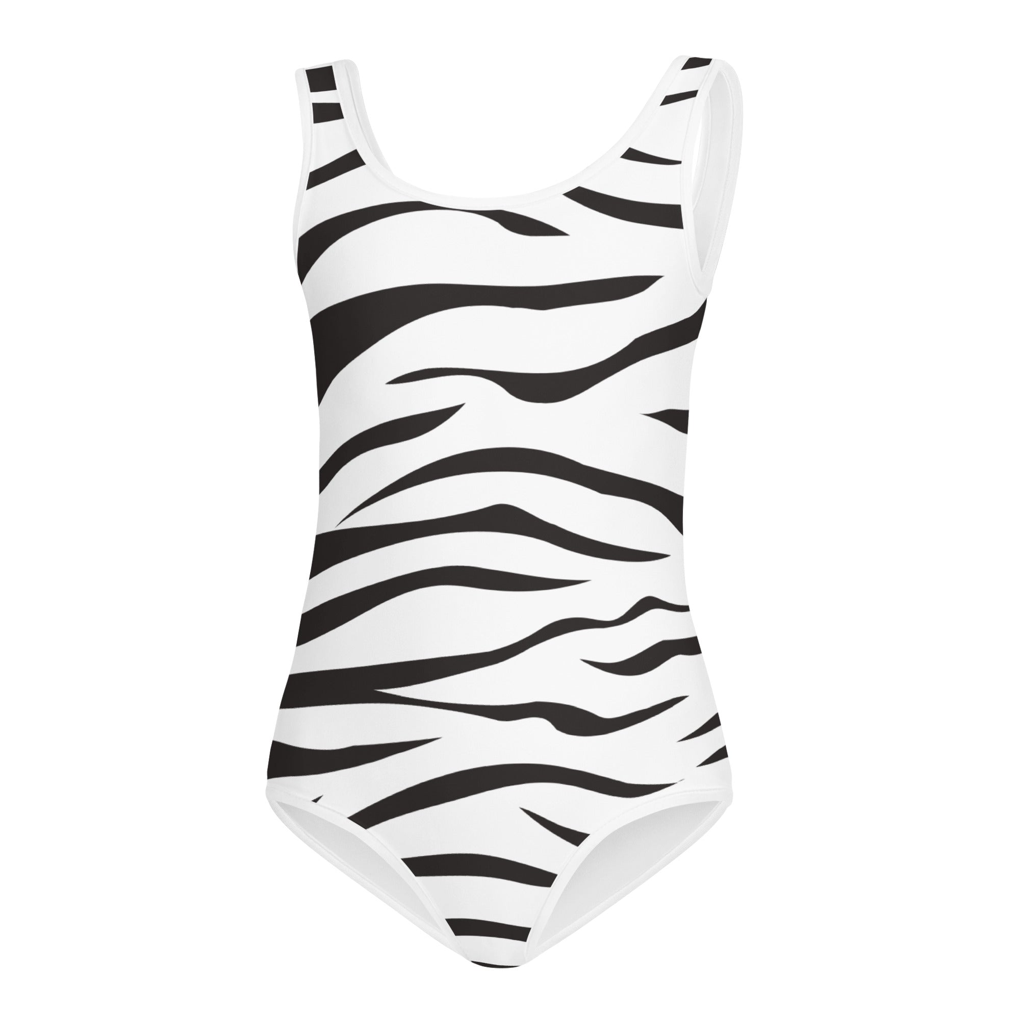 A sleek white girls leotard with bold black zebra stripes made of buttery soft quick-drying fabric for dance and gymnastics