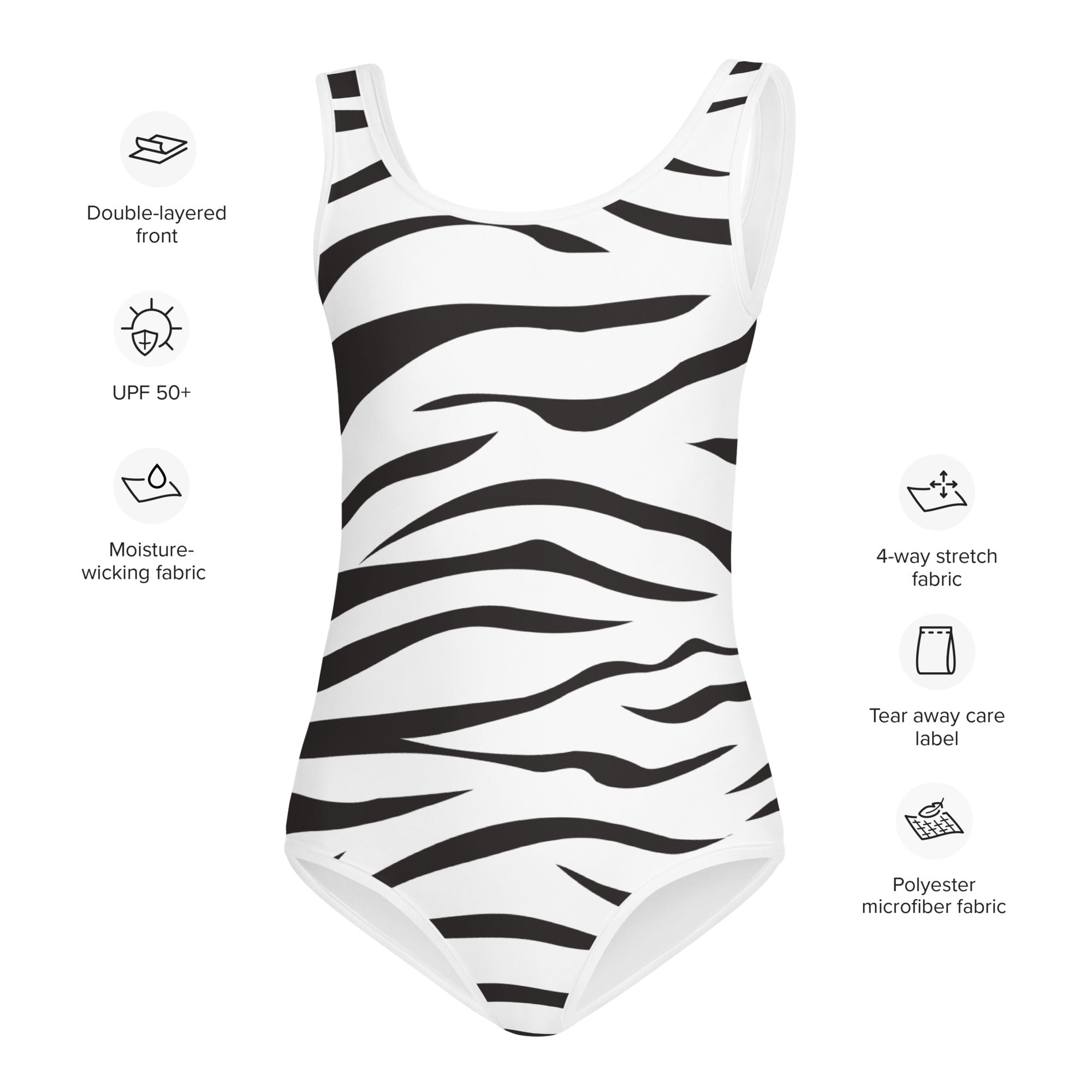 White one-piece swimsuit with bold black zebra stripes and double-layered moisture-wicking polyester front for girls