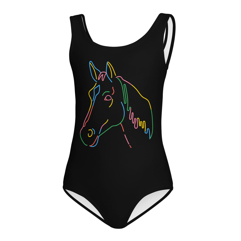 Black girls buttery soft one-piece swimsuit with vibrant neon multicolor horse outline for dance and gymnastics