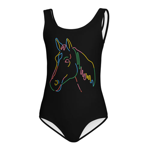 Black girls buttery soft one-piece swimsuit with vibrant neon multicolor horse outline for dance and gymnastics