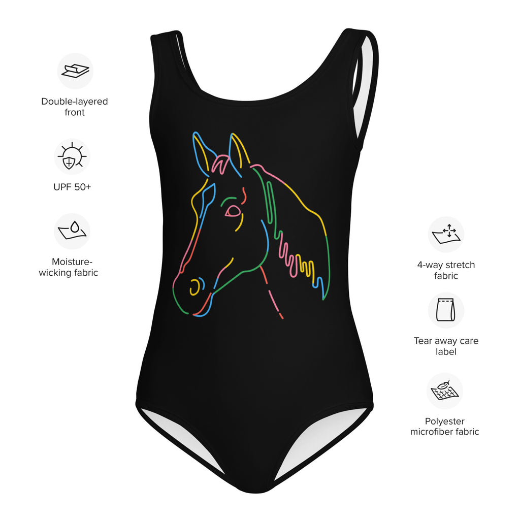 Black one-piece girls leotard with neon horse head graphic buttery soft quick drying for dance and gymnastics