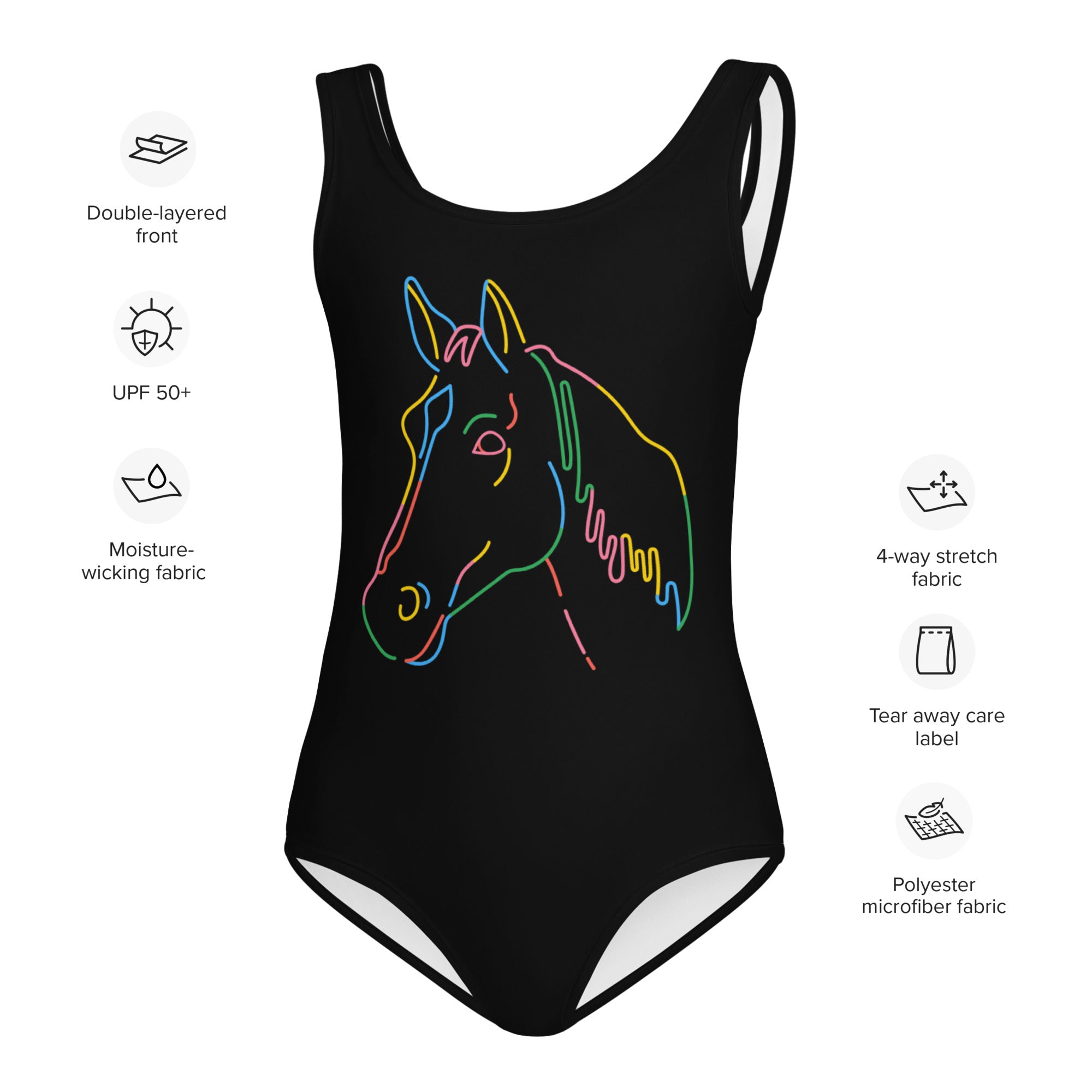 Black one-piece girls leotard with neon horse head graphic buttery soft quick drying for dance and gymnastics