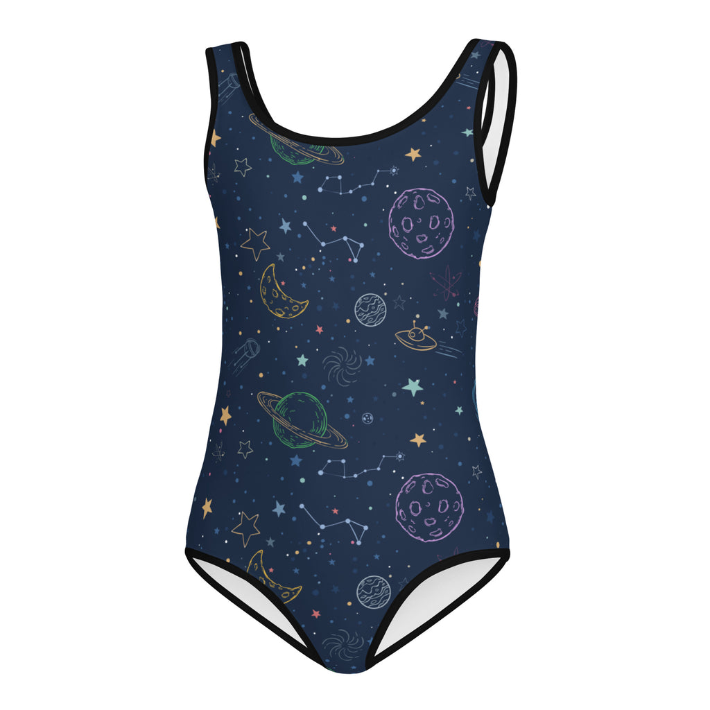 Girls galaxy space planets and constellations buttery soft navy blue leotard with black trim quick drying for dance and gymnastics