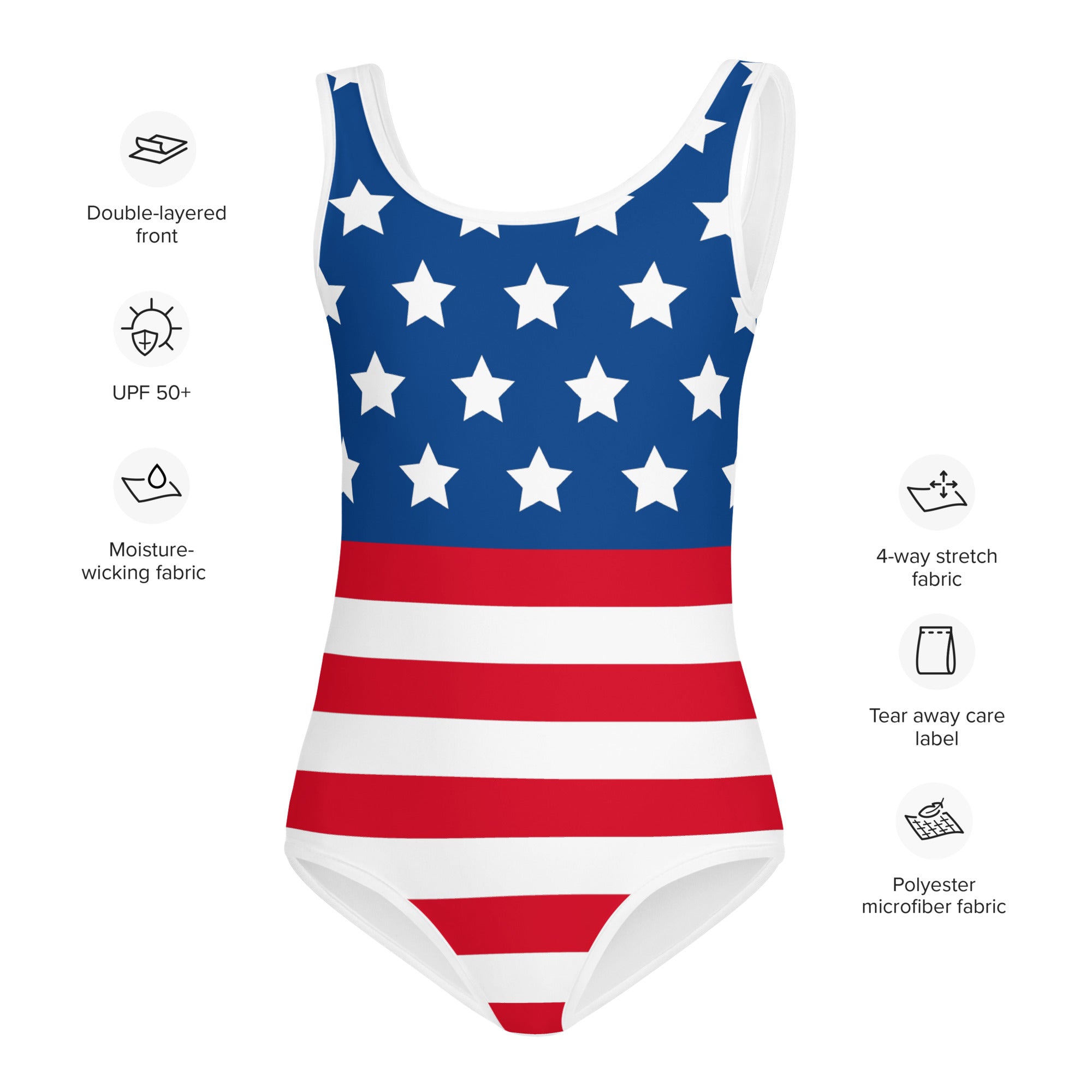 Girls american flag buttery soft one-piece swimsuit in red white and blue polyester microfiber for dance and gymnastics