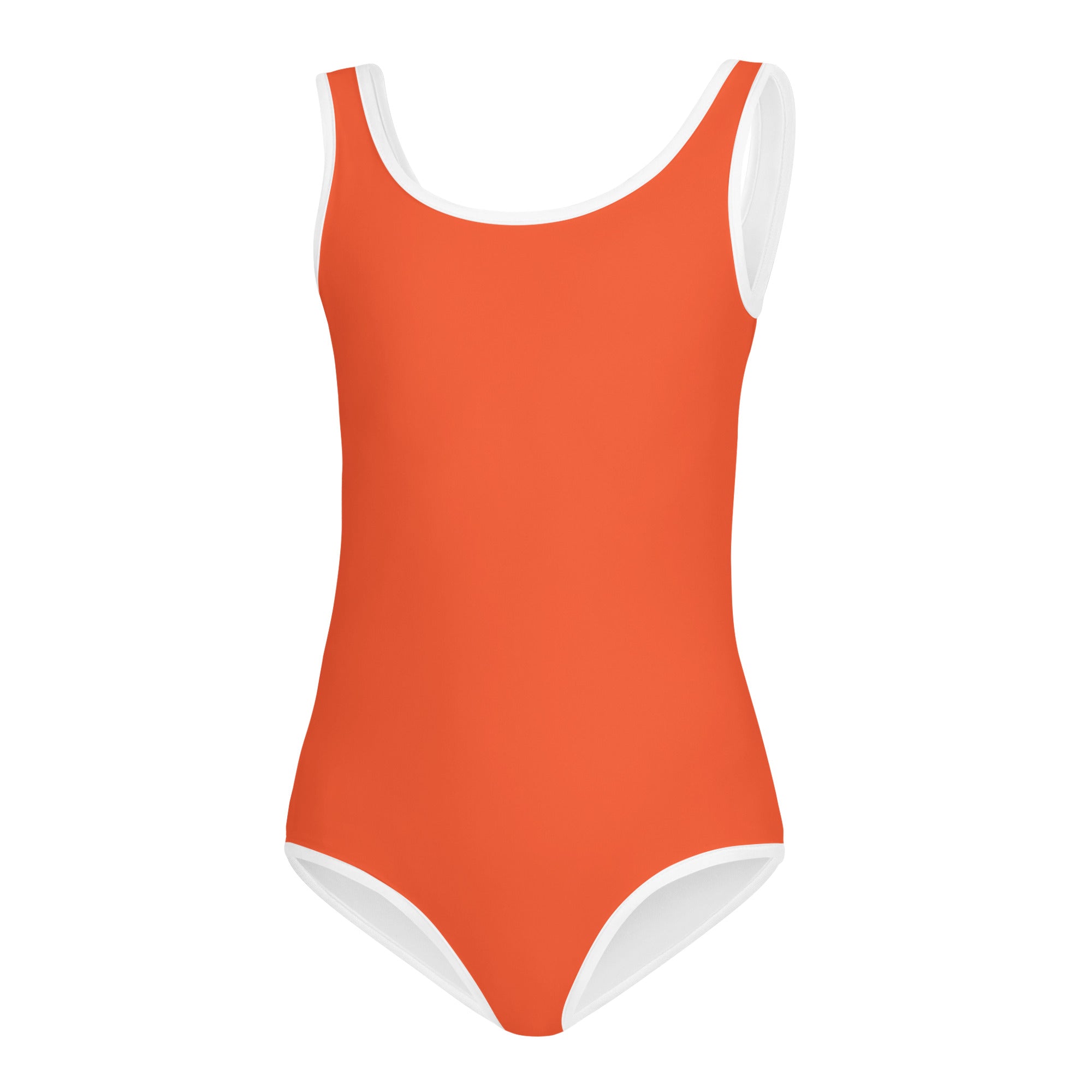 Girls orange buttery soft one-piece swimsuit with white trim quick drying for dance and gymnastics