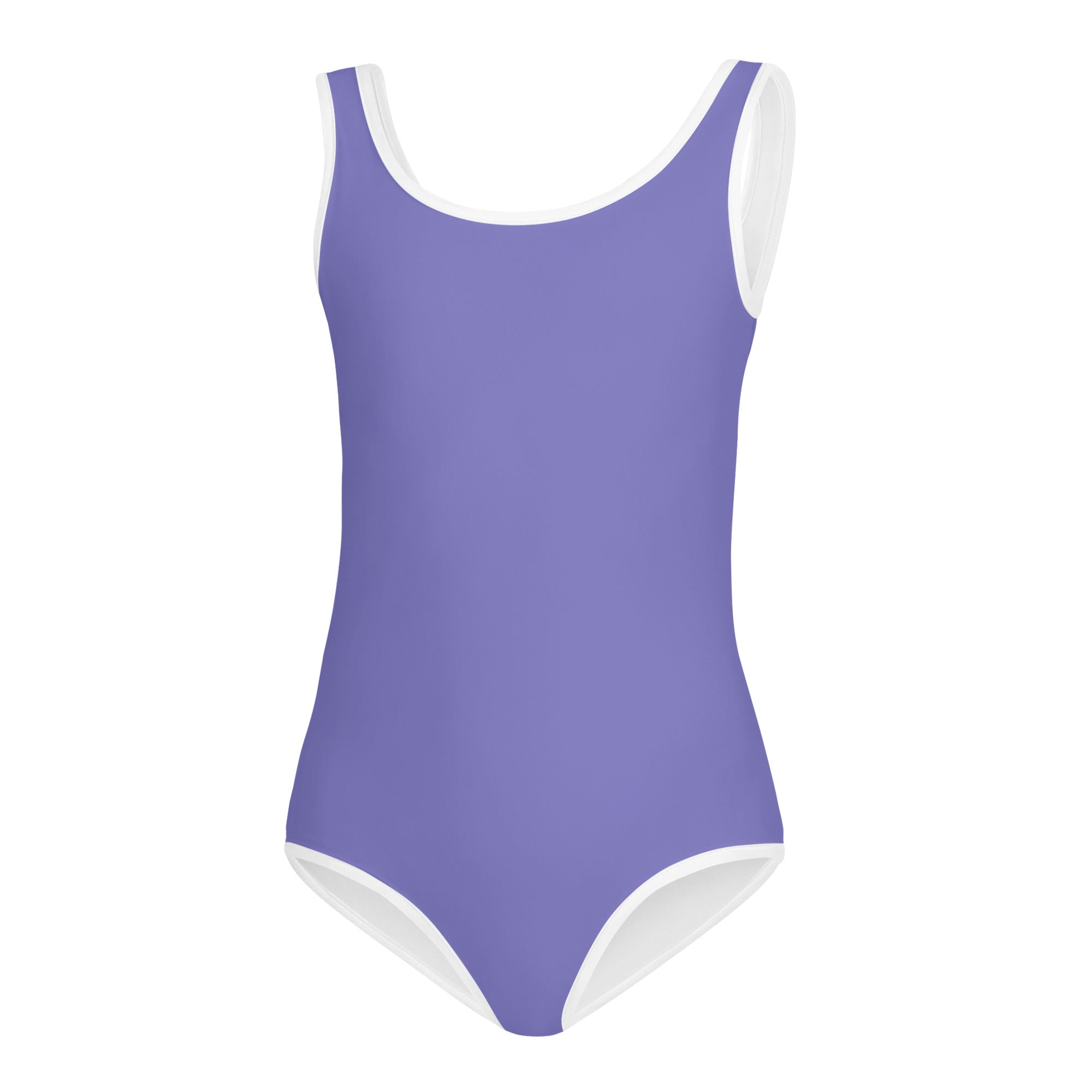Girls purple buttery soft leotard with white trim in a sleek lavender one-piece quick drying for dance and gymnastics