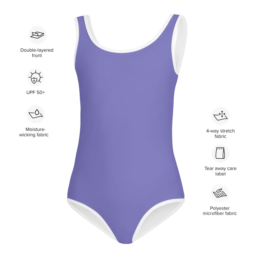 Girls purple buttery soft leotard in lavender with white trim quick drying for dance and gymnastics
