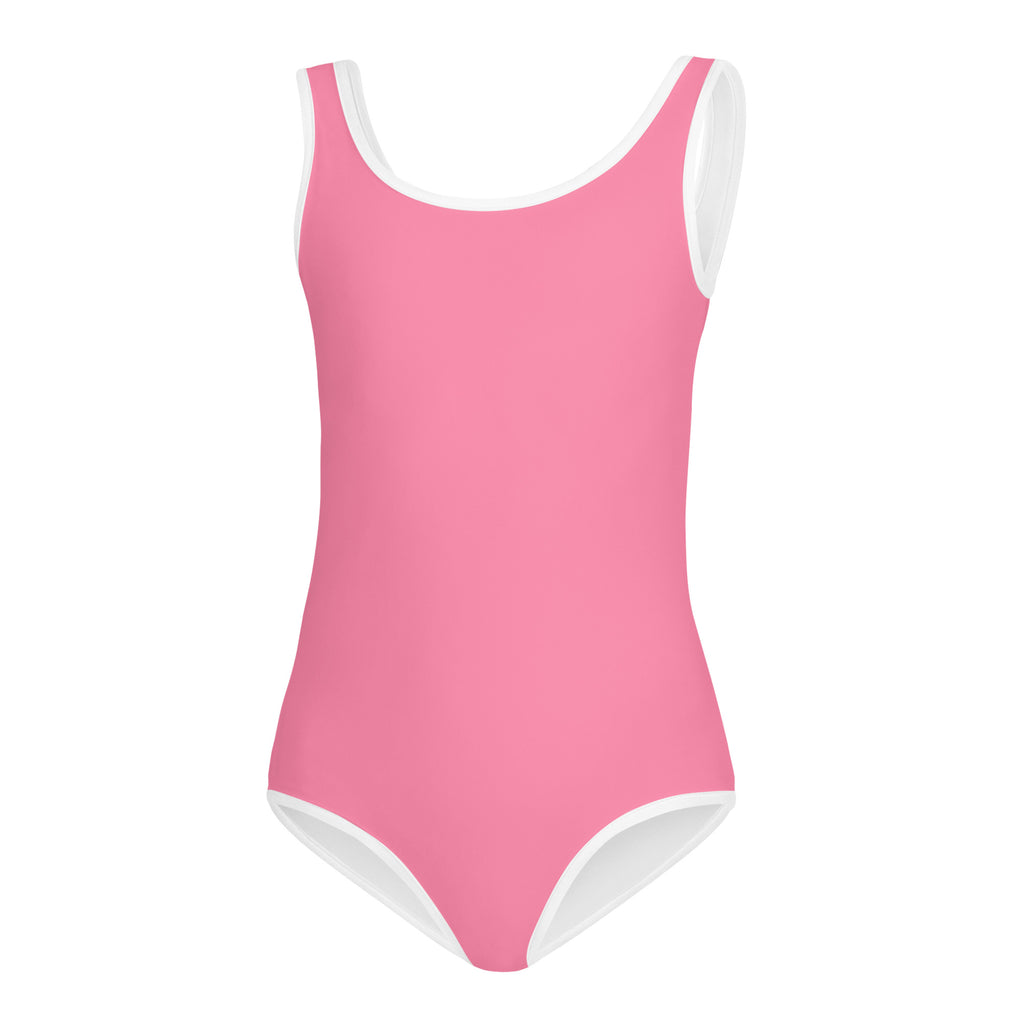 Girls pink buttery soft quick drying leotard with white trim for dance and gymnastics in a one-piece design