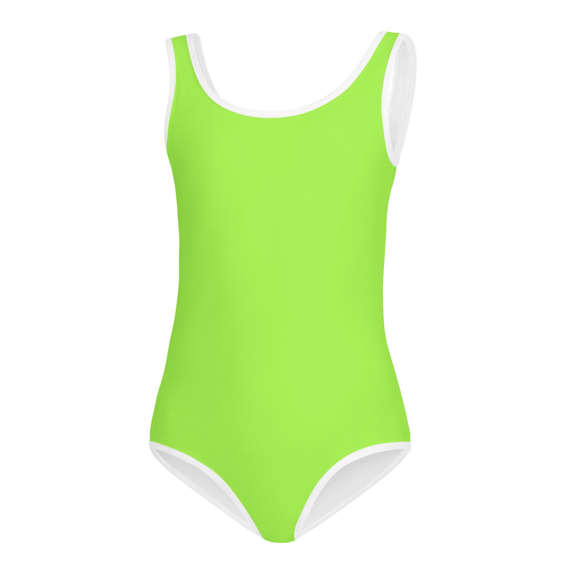 A girls lime green buttery soft one-piece swimsuit with white trim designed for quick drying in dance and gymnastics