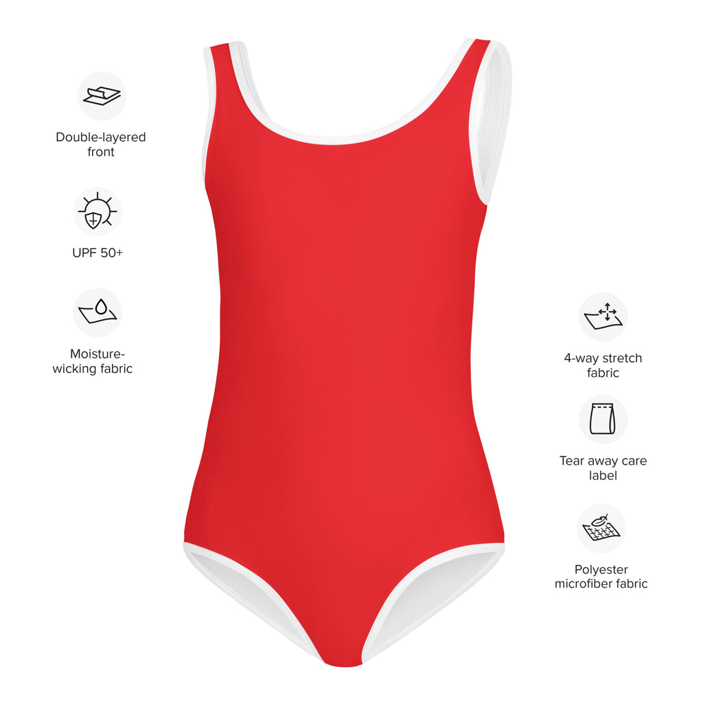 Girls red buttery soft one-piece swimsuit with white trim quick drying for dance and gymnastics