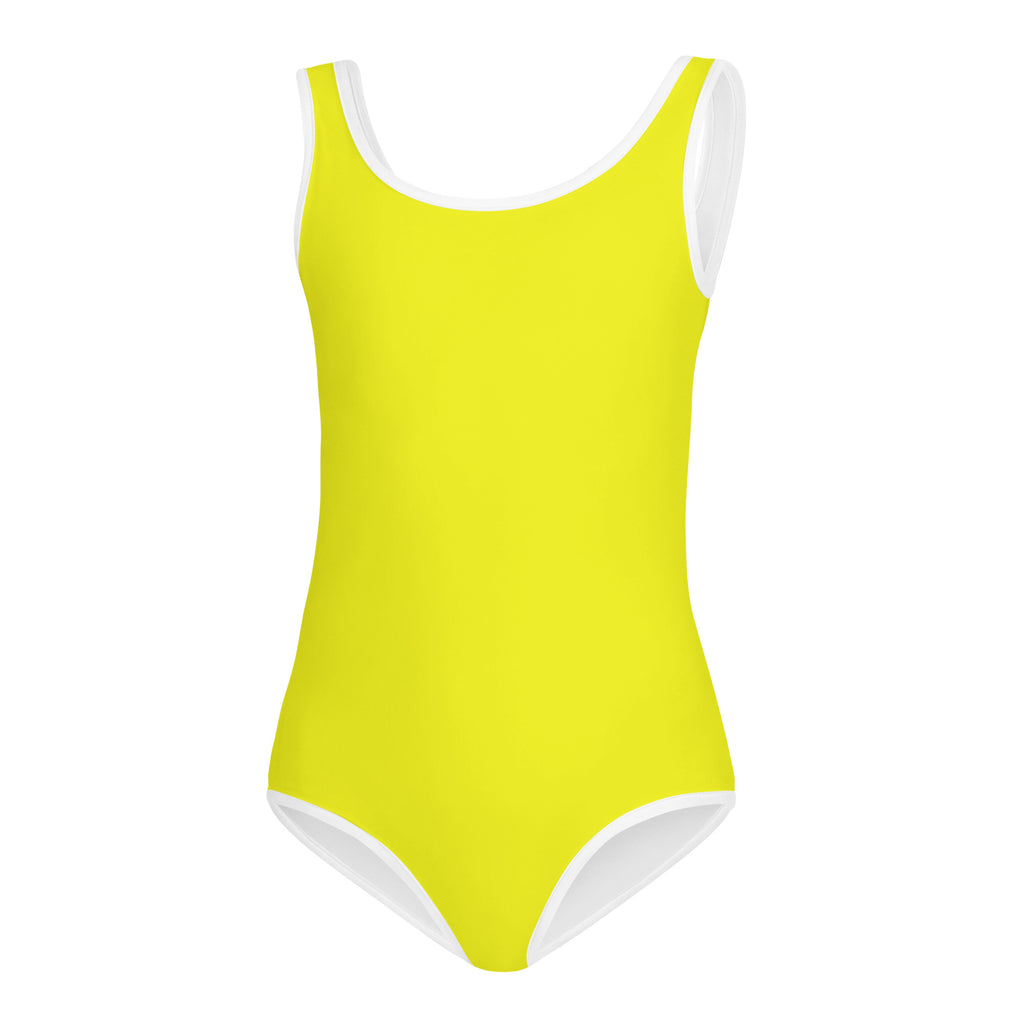 Girls yellow buttery soft one-piece swimsuit with white trim quick drying for dance and gymnastics