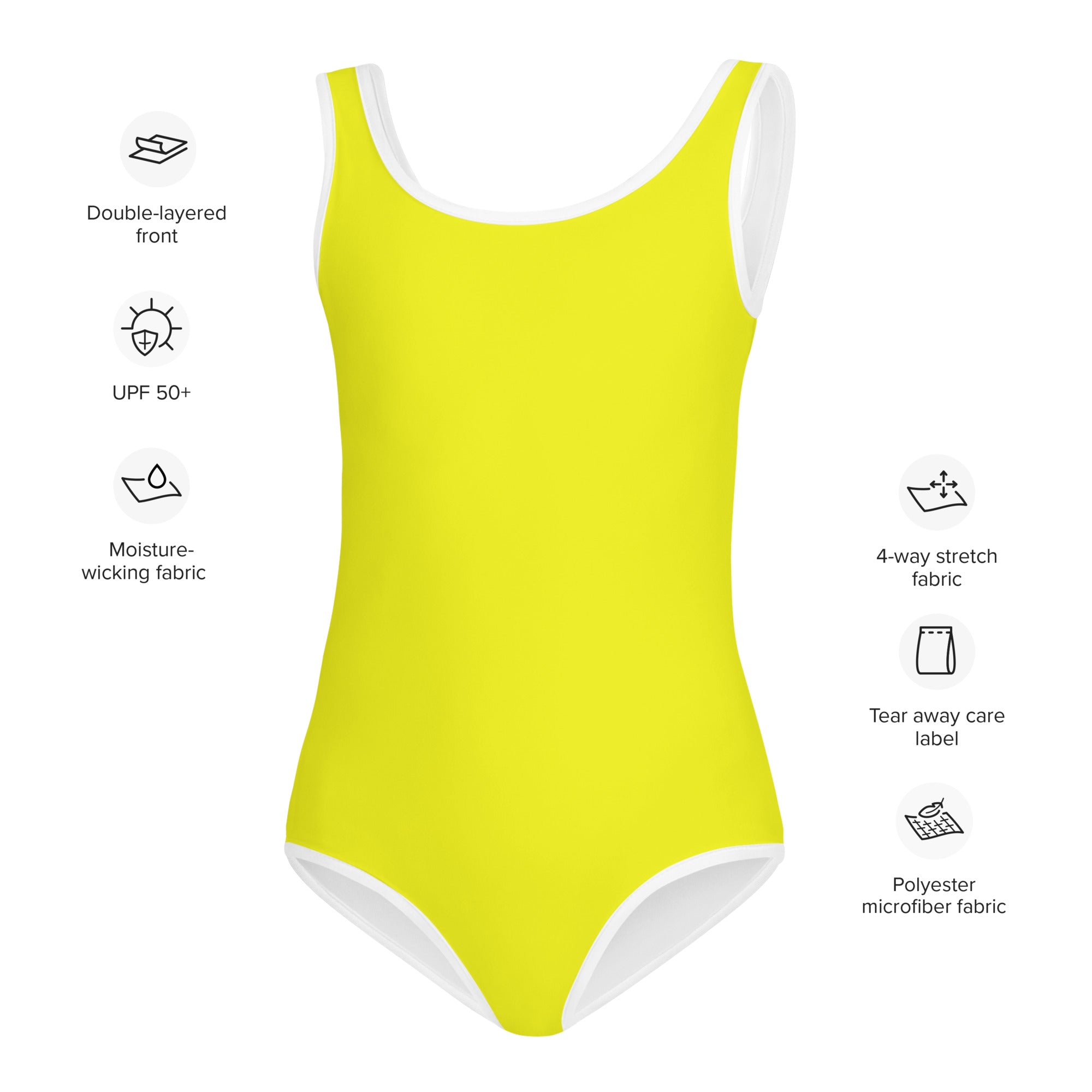 Girls yellow buttery soft one-piece swimsuit with white trim and double-layered front quick drying for dance and gymnastics