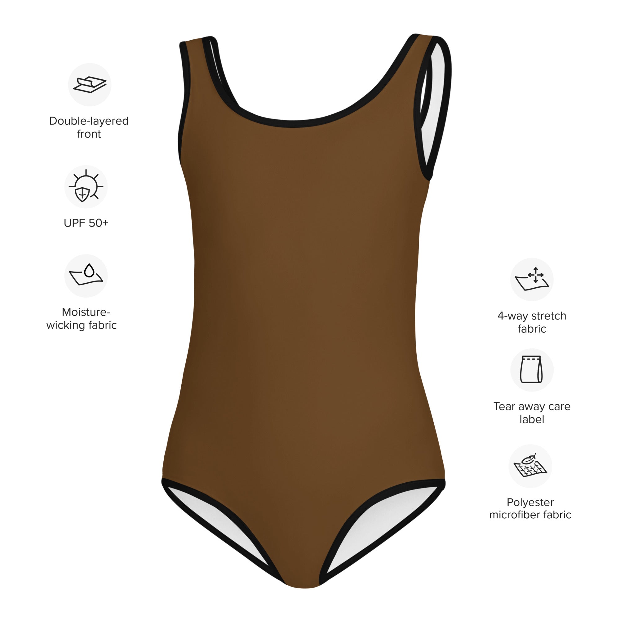 Girls brown buttery soft leotard with black trim and white lining quick drying for dance and gymnastics